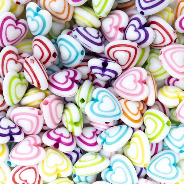 Multicoloured Heart On Heart Acrylic Beads. 10x10x6.5mm. 1.6mm Hole