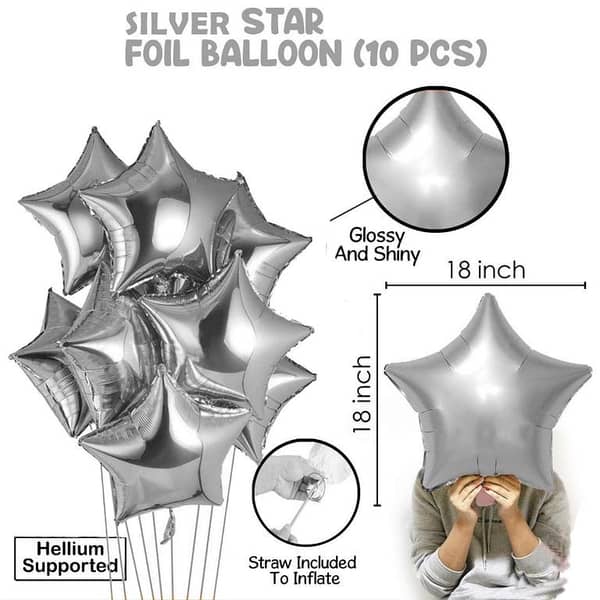 Ten Pieces: Silver Star Foil Balloons, 18 inch