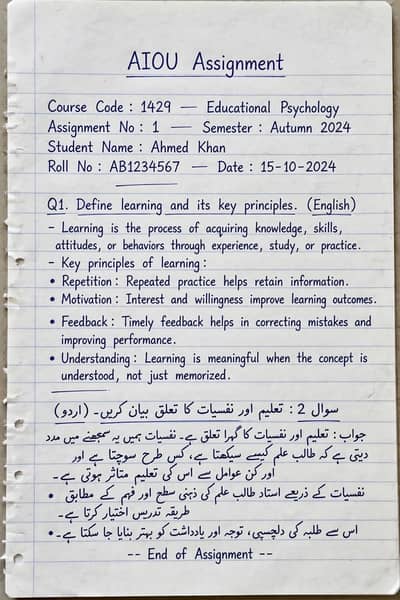 AIOU VU All Universities Handwritten Assignments Service - All Pakista