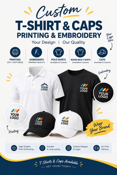 Custom T-shirt printing and embroidery. Polo, caps Logo Branding