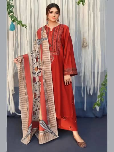 Designer Embroidered Red 3-Piece Lawn Suit with Printed Dupatta - COD