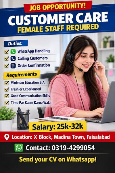 Customer Care Staff Job Available – Faisalabad (25k-32k Salary)