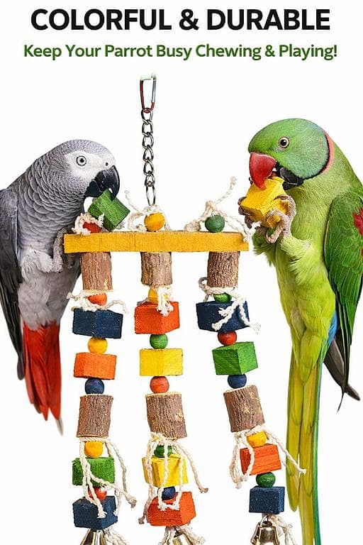Bird Parrot Hanging Chewing Toy, Natural Wooden Perch Slices, Colorful Wooden Blocks and Beads Dyed with Food Color Bird Parrot Hanging Chewing Toy, Natural Wooden Perch Slices, Rope, Colorful Wooden Blocks and Multicolor Wooden Beads Bite Toy