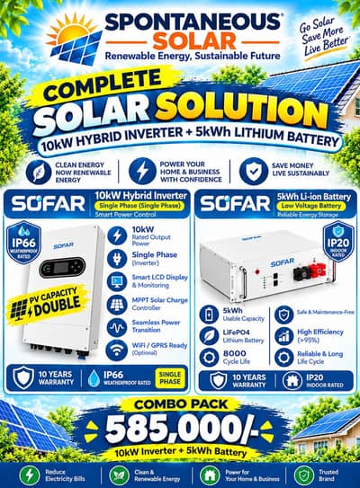10kW Hybrid Solar Inverter + 5kWh Lithium Battery Combo