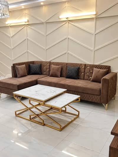 5 Seater L-Shape Sofa Set – Turkish Fabric with Golden Legs