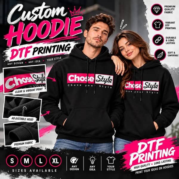 Custom Printed Black Hoodie for Men & Women