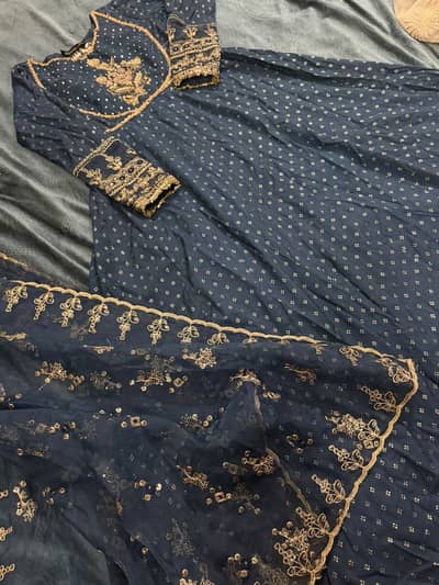 Batik Studio Navy Blue Embroidered Formal Dress with Golden Work