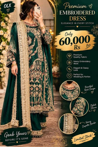 Beautiful Dark Green Bridal Dress with Heavy Golden Embroidery | Weddi