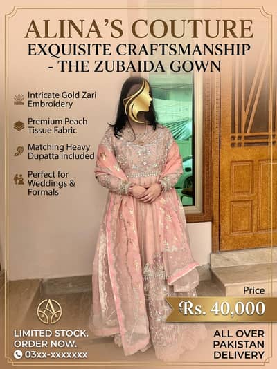 Blush Peach & Gold Designer Bridal / Formal Maxi Set