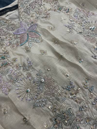 Elegant Beige Embroidered Formal Dress with Pastel Floral Work