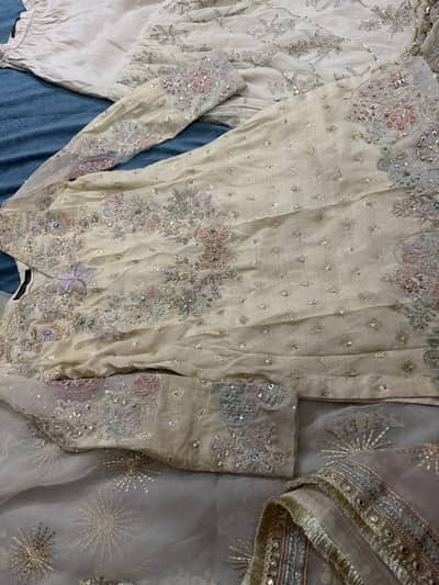 Elegant Beige Embroidered Formal Dress with Pastel Floral Work