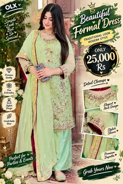 Mint Green Embroidered Formal Dress with Dupatta | Fancy Wedding & Par
