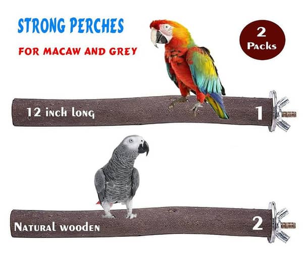 2 pack 12 inch (1 ft) long wooden Bird Perche Natural Wood Parrot Perch for big and medium size Parakeet Cage Accessories Parakeet Toys for Parrots, Parakeets grey macaw cockatoo Cockatiels, Conures