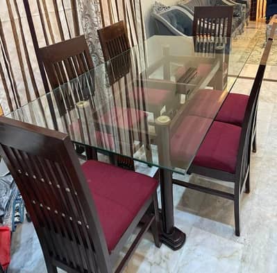 6 Seater Wooden Dining Table with Glass Top | Dining Set