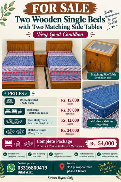 2 Wooden Single Beds with Side Tables & Mattresses for Sale