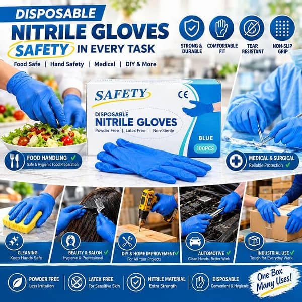SAFETY Blue Nitrile Disposable Gloves 100 Pcs, Food Handling, Kitchen, Cleaning, Medical, DIY, Carpentry, Automotive and Industrial Hand Protection