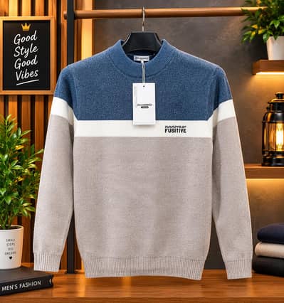 Premium Men's Winter Sweater | Stylish Blue, White & Grey Knitwear