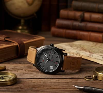 CURREN Men's Analog Watch – Black Dial with Brown Leather Strap