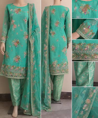 Beautiful Turquoise/ Aqua Green Embroidered Suit with Banarsi Shalwar