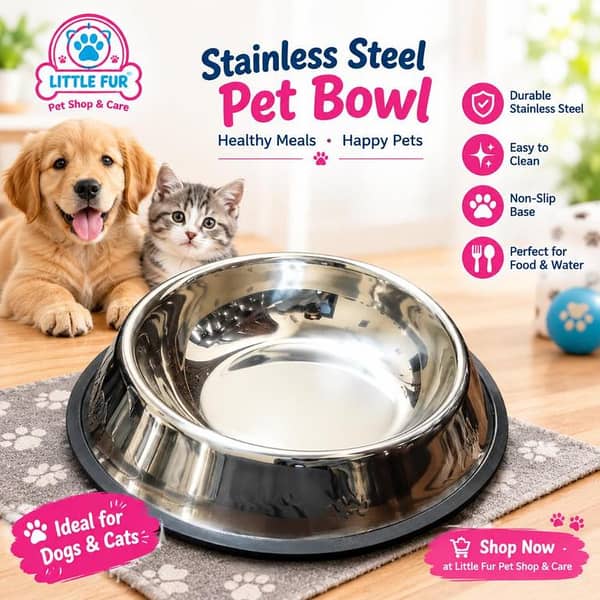 Medium Size Stainless Steel Pet Food Bowl for Cats & Dogs – Anti-Slip Rubber Base, Silver