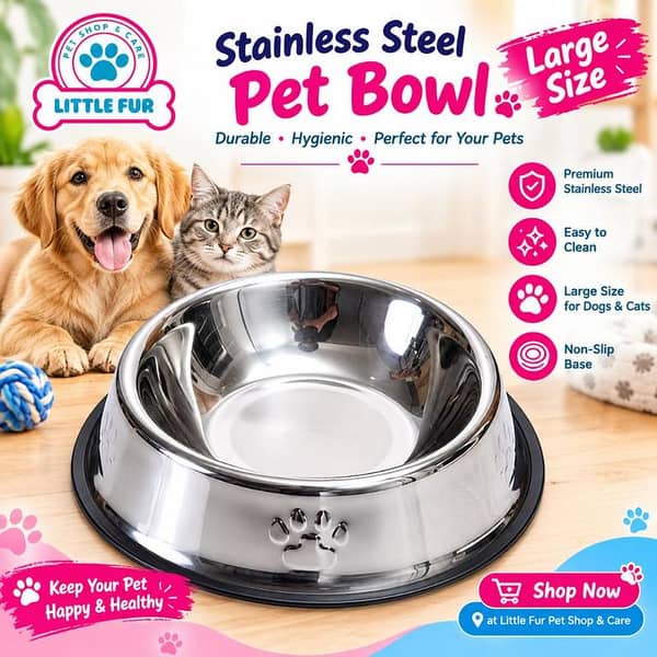 Large Size Stainless Steel Pet Food Bowl for Dogs & Cats – Anti-Slip Rubber Base, Silver, Easy to Clean