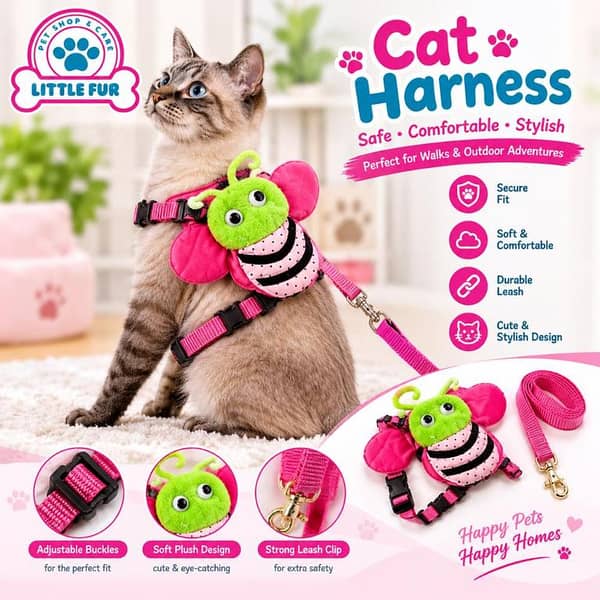 Pink Bug Design Cat Harness with Leash – Adjustable Soft Plush Vest for Cats and Kittens