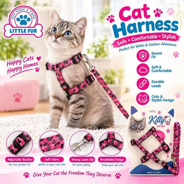 Pink Camouflage Cat Harness with Leash – Adjustable Soft Fabric Vest for Cats and Kittens