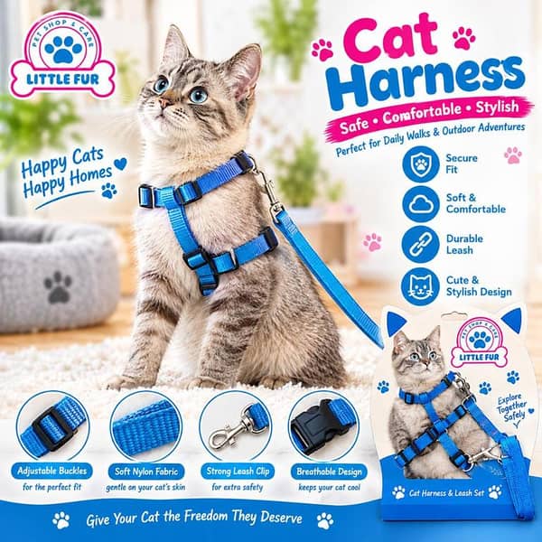 Blue Adjustable Cat Harness with Leash – Soft Nylon Vest for Cats and Kittens