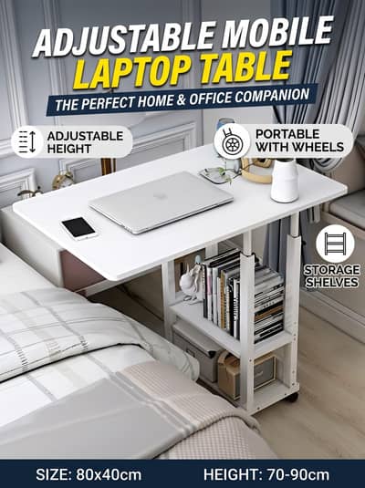 Adjustable Overbed Laptop Table with Storage Shelves