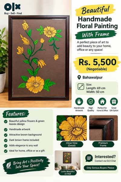 Beautiful Handmade Floral Painting with Frame – Wall Decor