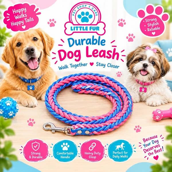 Durable Braided Dog Leash for Small Medium & Large Dogs – Strong Metal Hook, Comfortable Grip, Blue & Pink