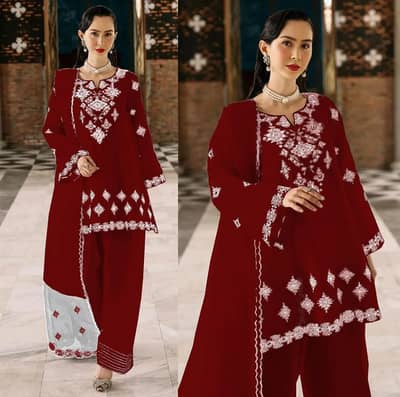 Heavy Embroidered Red 3Pcs Pakistani Traditional Set