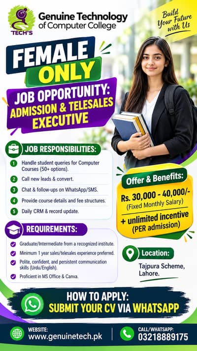 Female Receptionist | Admission & Telesales Executive | Sales Officer