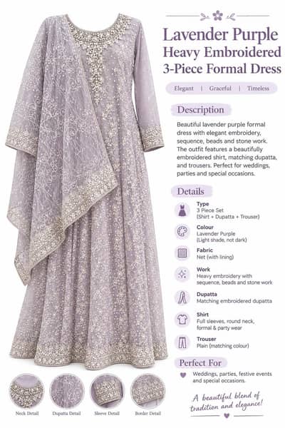Light  Purple Heavy Embroidered 3-Piece Formal Dress