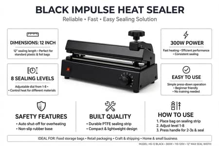 PFS-300 12 Inch Impulse Heat Sealer Machine 300W - Heavy Duty Sealing