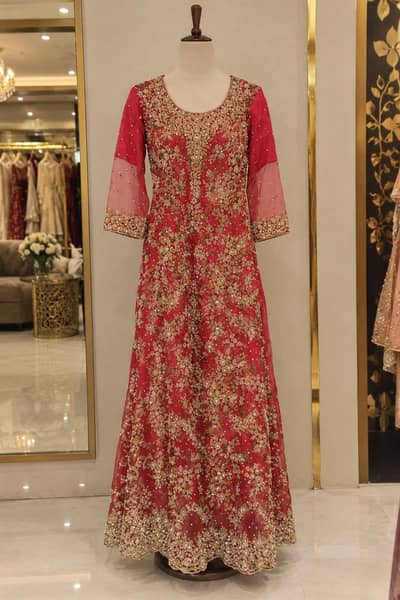 Beautiful Red Bridal Maxi / Gown with Heavy Golden Embroidery