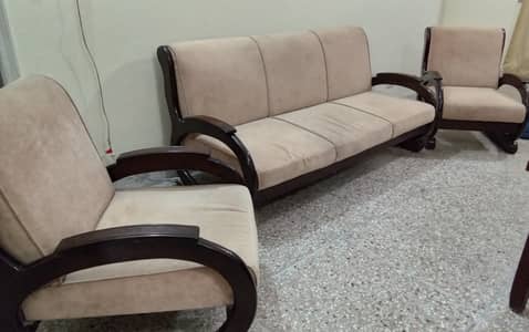 5 seater sofa set in beige fabric and dark brown wooden frames