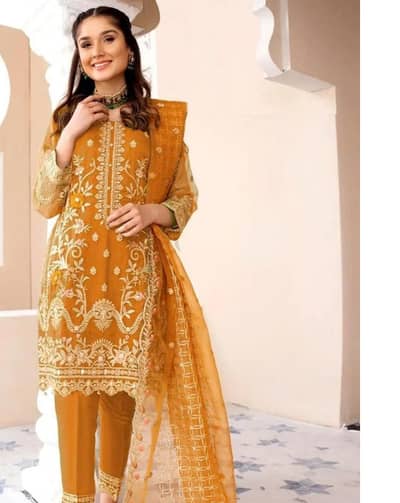 Mustard Golden Heavy Embroidered Organza 3pc Suit
