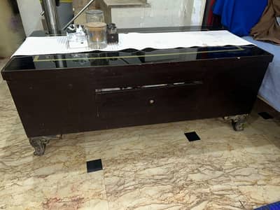 Wooden Center Table with Black Glass Top & Drawer