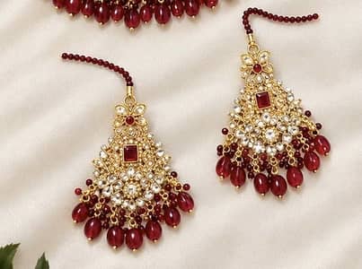 Beautiful Maroon & Golden Bridal Jewellery Set with Earrings & Tikka