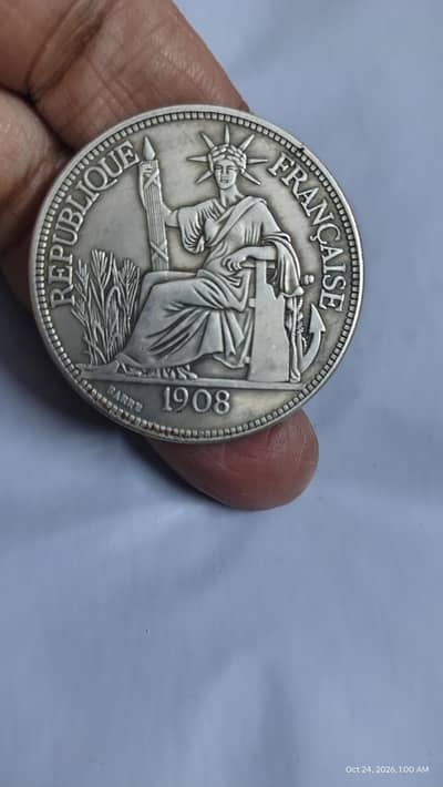 FRANCE 1908 SITTING LIBERTY DOLLAR, OLD & RARE COIN, ANTIQ FRENCH COIN
