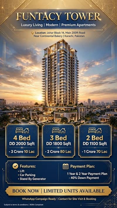 Booking Project 1 year plan 2 bed dd in juhar block 14 lift car parking stand by gernoter code RA