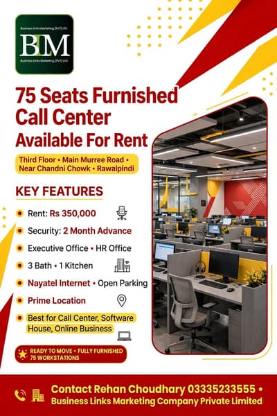 75Seats Call Center Furnished For Rent,Main Murree Road Rwp,