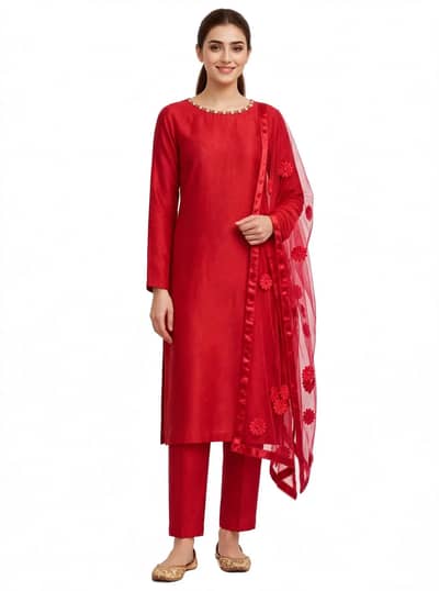 Red Cotton 3pc - Alkaram Style Flower Dupatta - 2300