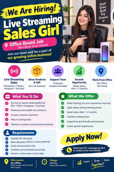 Female Live Streaming Sales Presenter – Office Based Job