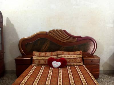 Wooden Double Bed with 2 Side Tables - Good Condition