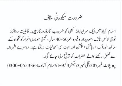 Security Guard Required in I-9 Islamabad