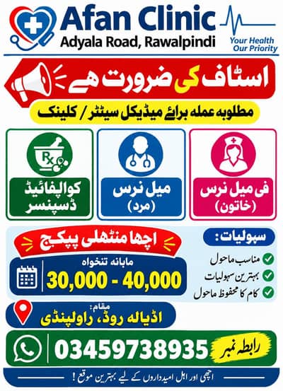 Male / Female staff required affan clinic near byco pump jarahi stop