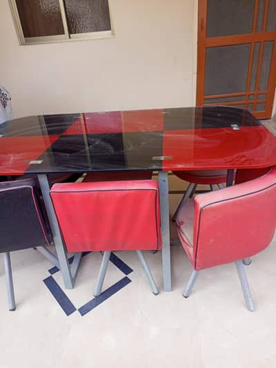Red & Black Glass Top Dining Table with Chairs