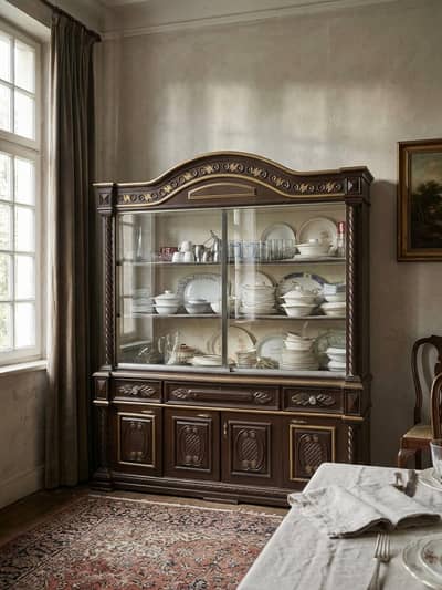 Elegant Wooden Showcase and Matching Dressing Table Set for Sale